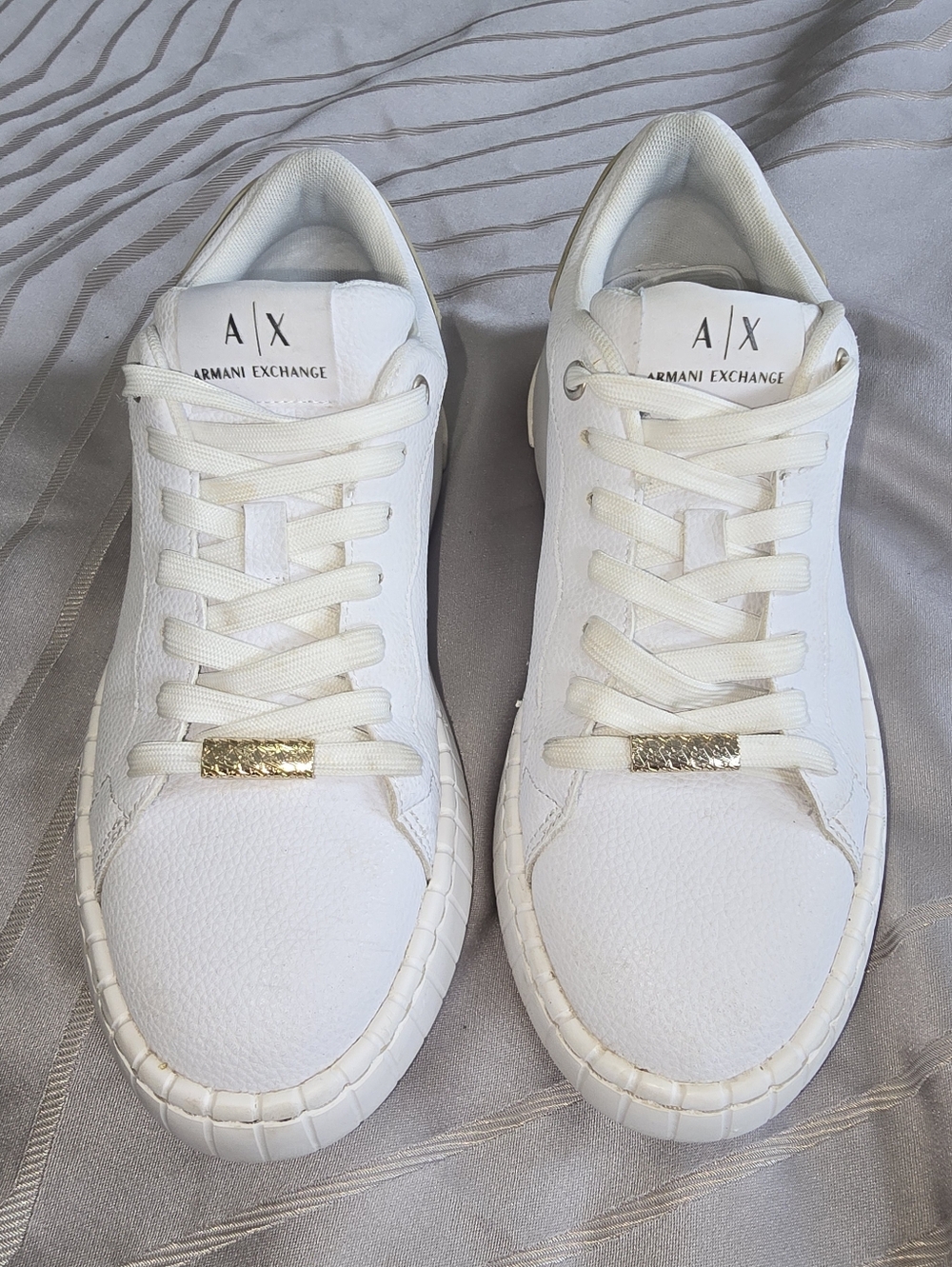 Armani Exchange White Leather Sneakers with Gold Accent